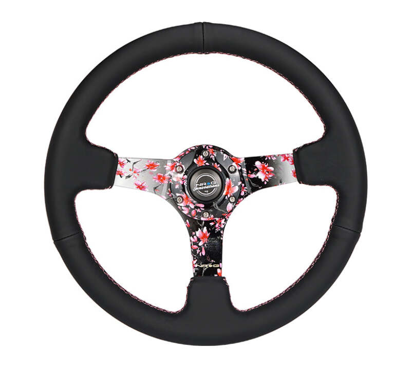 NRG Reinforced Steering Wheel (350mm/3in.) Hydro Dipped Sakura Floral w/ Pink Suede Black Stitch (RST-036SAK-R)