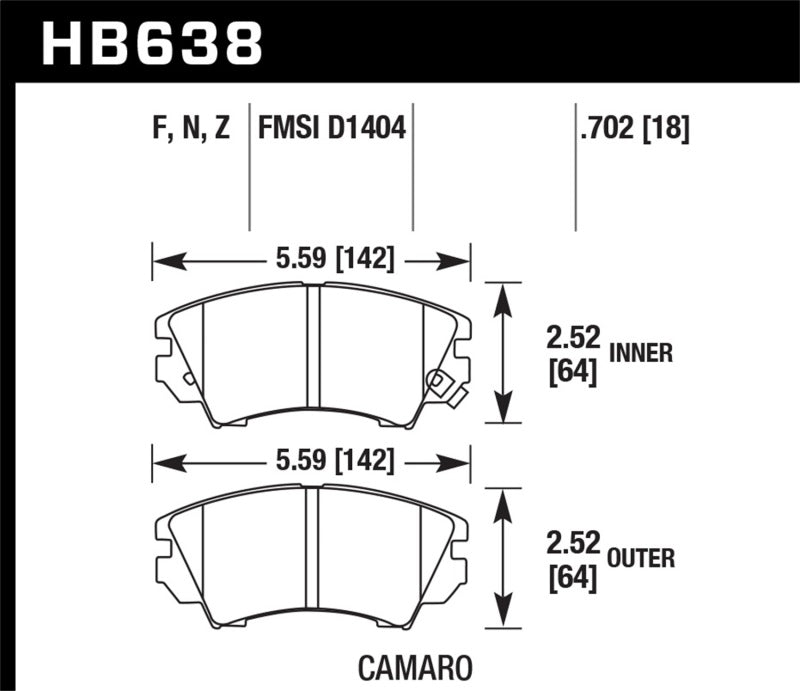 Hawk HPS 5.0 Front Brake Pads - 10-15 Chevrolet Camaro (HB638B.702) (pad drawing)
