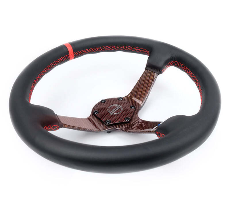 NRG Carbon Fiber Steering Wheel 350mm 3in Deep Red Carbon Fiber Red Stitching Red Center Mark Leather (RST-036CF-RD) - photo 3