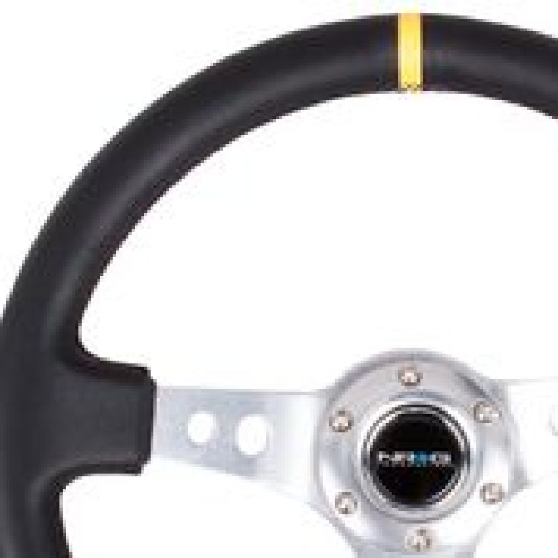 NRG Reinforced Steering Wheel (350mm / 3in. Deep) Black Leather w/ Circle Cut Spokes & Single Yellow CM (RST-006SL-Y)