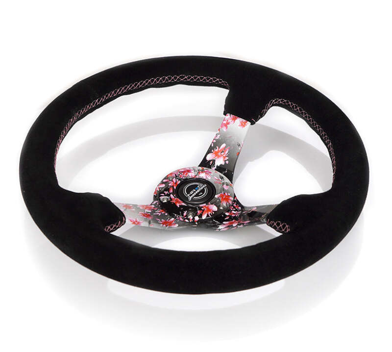 NRG Reinforced Steering Wheel (350mm) 3in Deep Pink Sakura Floral Solid Spoke - Black Suede/Stitch (RST-036SAK-S) - photo 3