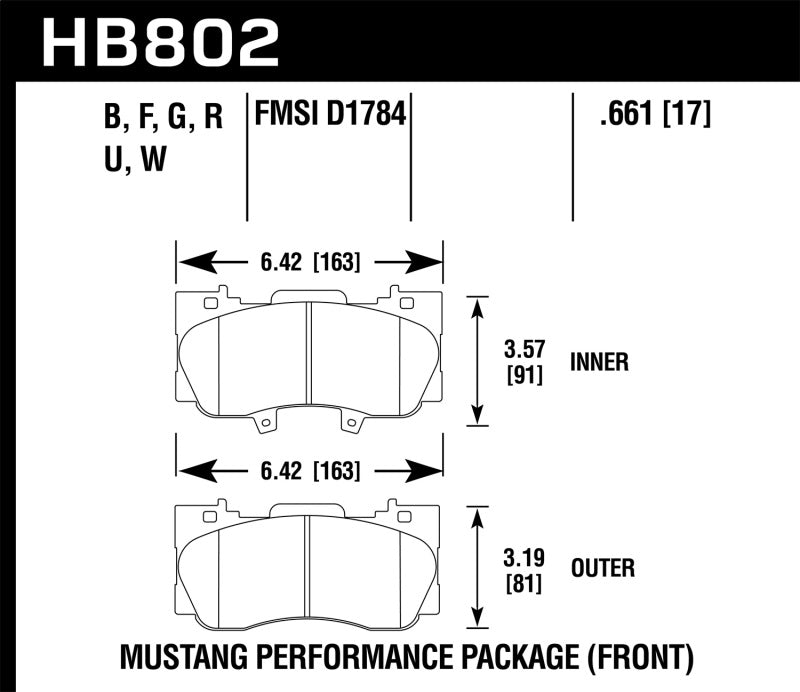 Hawk DTC-70 Front Brake Pads - 16-17 Ford Mustang (HB802U.661) (pad drawing)