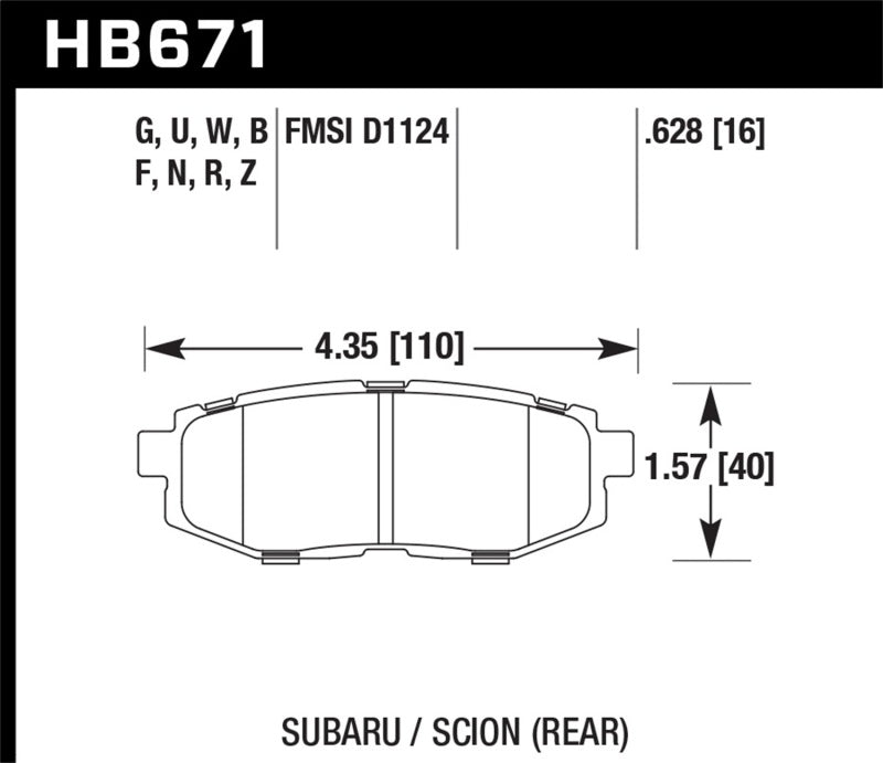 Hawk HT-10 Rear Brake Pads - 13 Scion FR-S / 13 Subaru BRZ/10-12 Legacy 2.5 GT/3.6R (HB671S.628) (pad drawing)