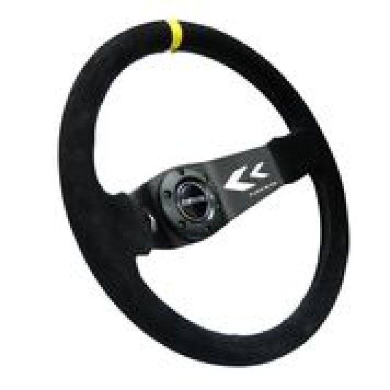 NRG Reinforced Steering Wheel (350mm / 3in. Deep) Black Suede w/ NRG Arrow Cut 2-Spoke & Yellow Mark (RST-022S-Y) - photo 3