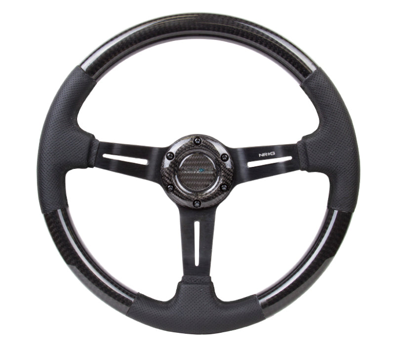 NRG Carbon Fiber Steering Wheel (350mm / 1.5in. Deep) Leather Trim w/ Black Stitch & Slit Cutout Spokes (ST-010CFBS)