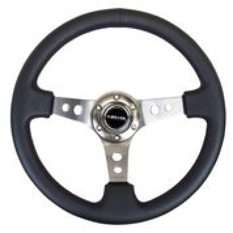 NRG Reinforced Steering Wheel (350mm / 3in. Deep) Black Leather w/ Gunmetal Circle Cutout Spokes (RST-006GM) - photo 3