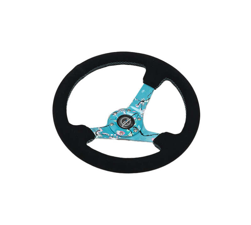 NRG Reinforced Suede Steering Wheel (350mm / 3in. Deep) Hydro Dipped Blossom Floral w/ Teal Stitch (RST-036BLOSSOM-S) - photo 2