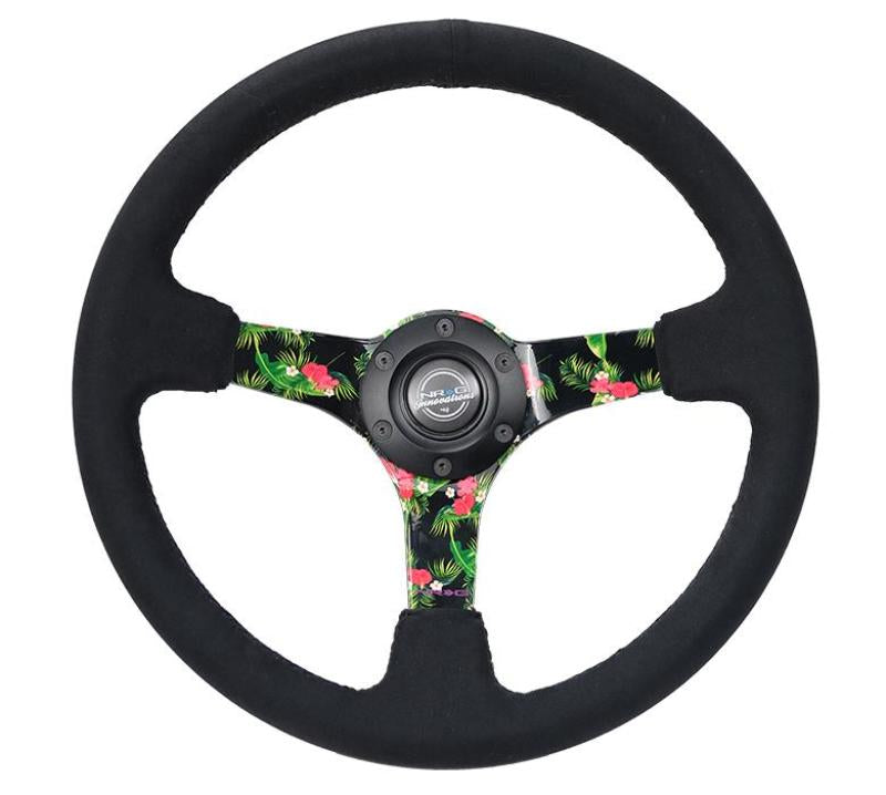 NRG Reinforced Steering Wheel (350mm / 3in. Deep) Black Suede w/ 5mm Floral 3-Spoke Center (RST-036TROP-S)