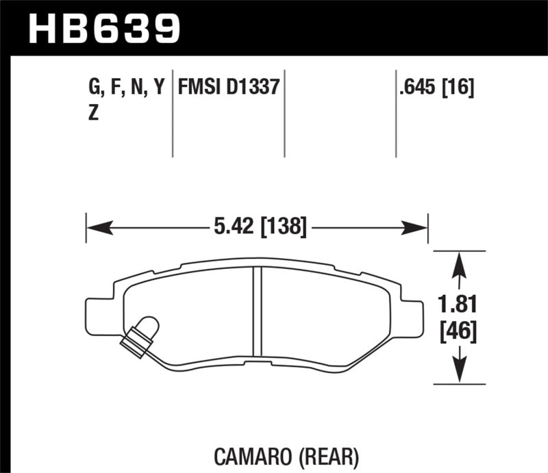 Hawk HPS 5.0 Rear Brake Pads - 2008-14 Cadillac CTS / 10-15 Chevrolet Camaro (HB639B.645) (pad drawing)