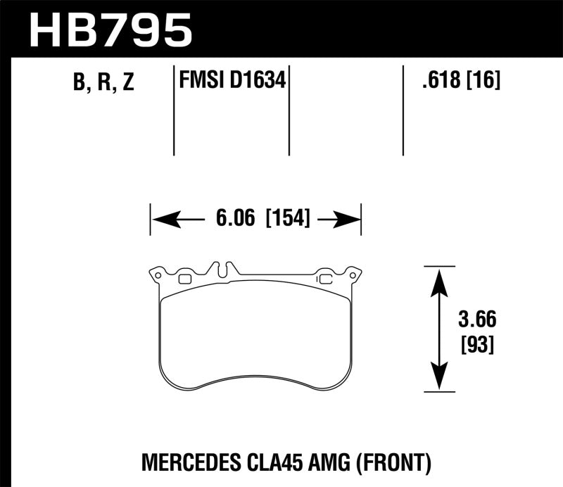 Hawk HPS 5.0 Front Brake Pads - 14-17 Mercedes-Benz CLA 45 AMG / 15-17 Mercedes-Benz GLA 45 AMG (HB795B.618) (pad drawing)