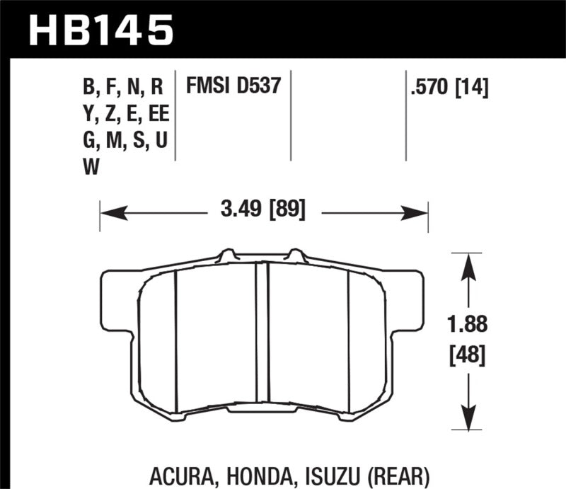 Hawk DTC-60 Rear Brake Pads - 02-06 Acura RSX / 02-11 Honda Civic Si / 00-09 S2000 (HB145G.570) (pad drawing)