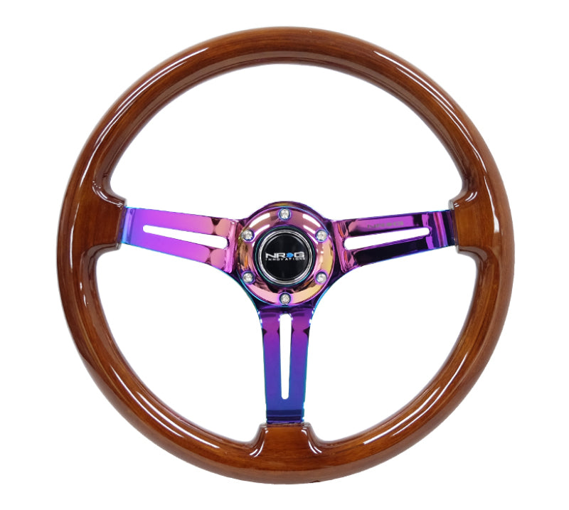 NRG Reinforced Steering Wheel (350mm / 3in. Deep) Brown Wood w/ Black Matte Spoke/Neochrome Center Mark (RST-018BR-MC)