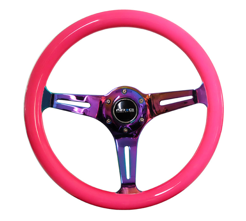 NRG Classic Wood Grain Steering Wheel (350mm) Neon Pink Painted Grip w/ Neochrome 3-Spoke Center (ST-015MC-NPK)
