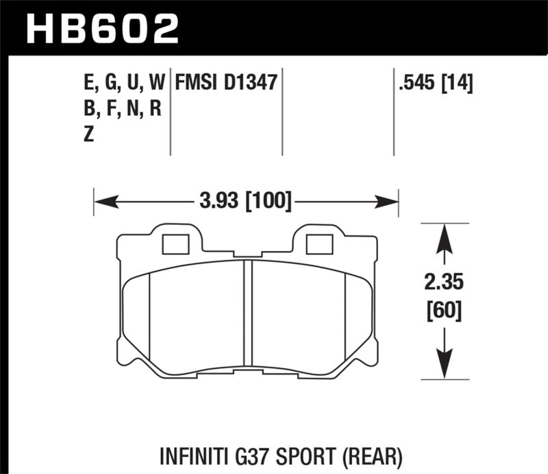 Hawk DTC-70 Rear Brake Pads - 10-11 Infiniti FX50 / 09-10 G37 / 09-10 Nissan 370Z (HB602U.545) (pad drawing)