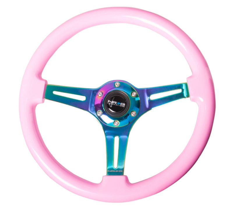 NRG Classic Wood Grain Steering Wheel (350mm) Solid Pink Painted Grip w/ Neochrome 3-Spoke Center (ST-015MC-PK)