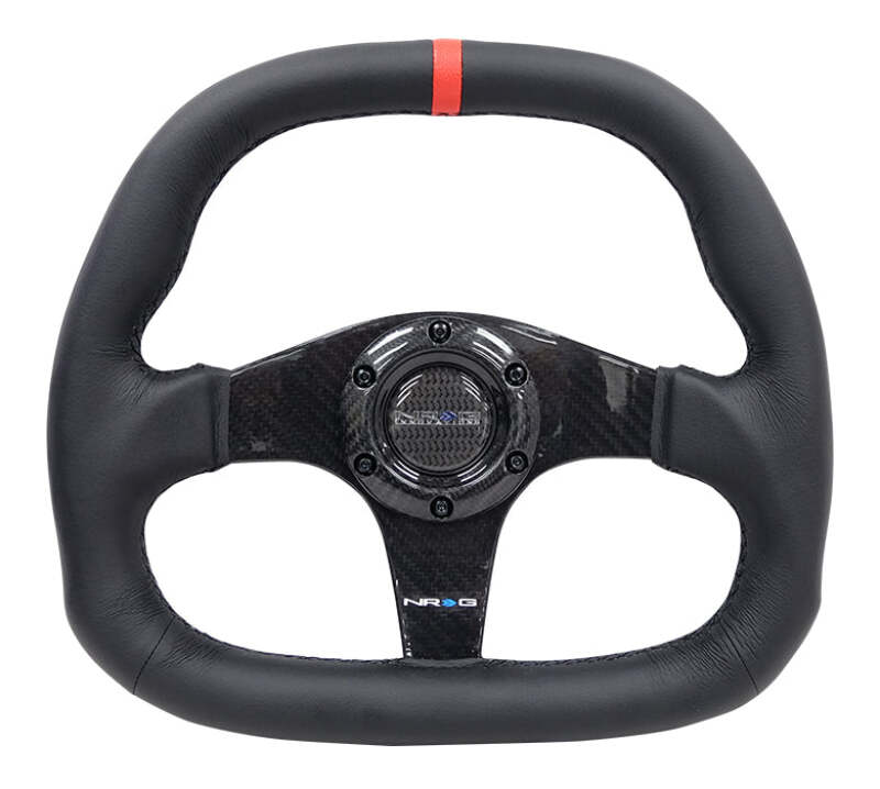 NRG Carbon Fiber Steering Wheel (320mm) Black CF Center w/ Black Stitch Red Center Mark Flat Bottom (ST-019CF-R)