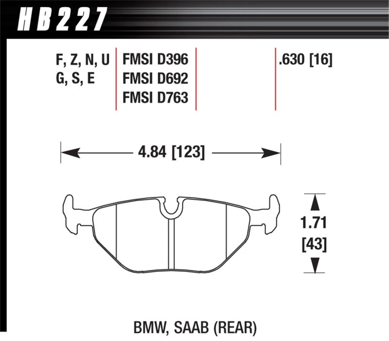 Hawk DTC-70 Rear Brake Pads - 92-95 BMW 325iS / 96-02 BMW M3 (HB227U.630) (pad drawing)