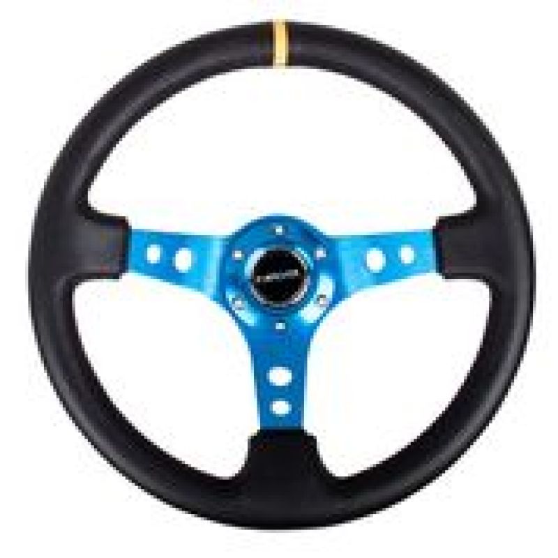 NRG Reinforced Steering Wheel (350mm / 3in. Deep) Black Leather w/ Blue Circle Cutout Spokes (RST-006BL) - photo 4