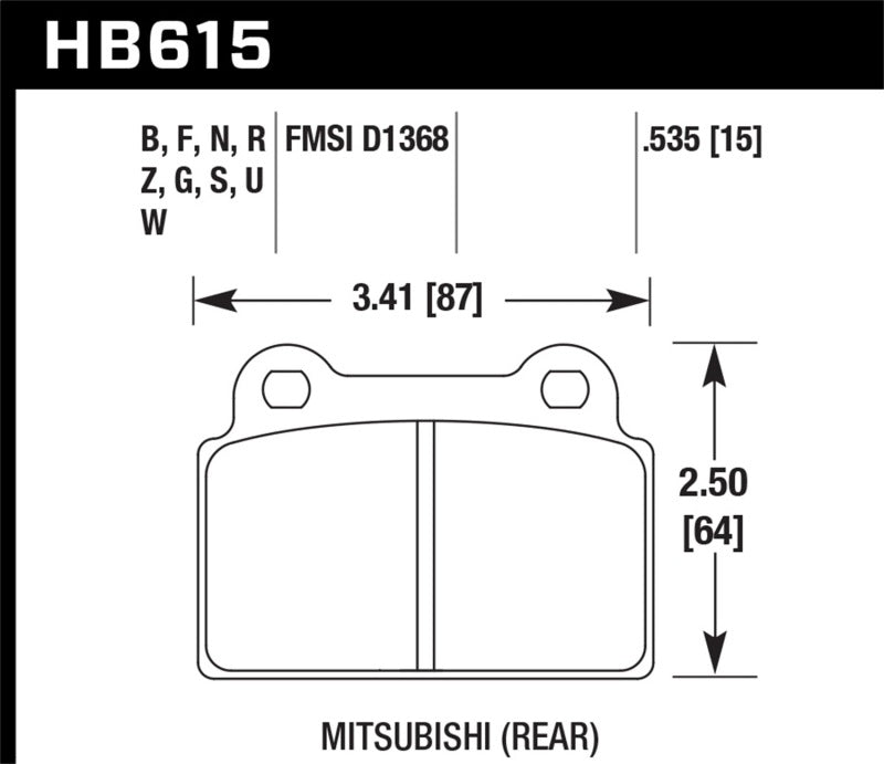 Hawk HPS 5.0 Front Brake Pads - 2008-2014 Mitsubishi Lancer Evo (1-piece rotor) High Perf. 5.0 (HB615B.535) (pad drawing)