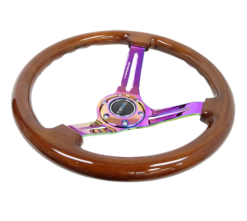 NRG Reinforced Steering Wheel (350mm / 3in. Deep) Brown Wood w/ Black Matte Spoke/Neochrome Center Mark (RST-018BR-MC) - photo 3