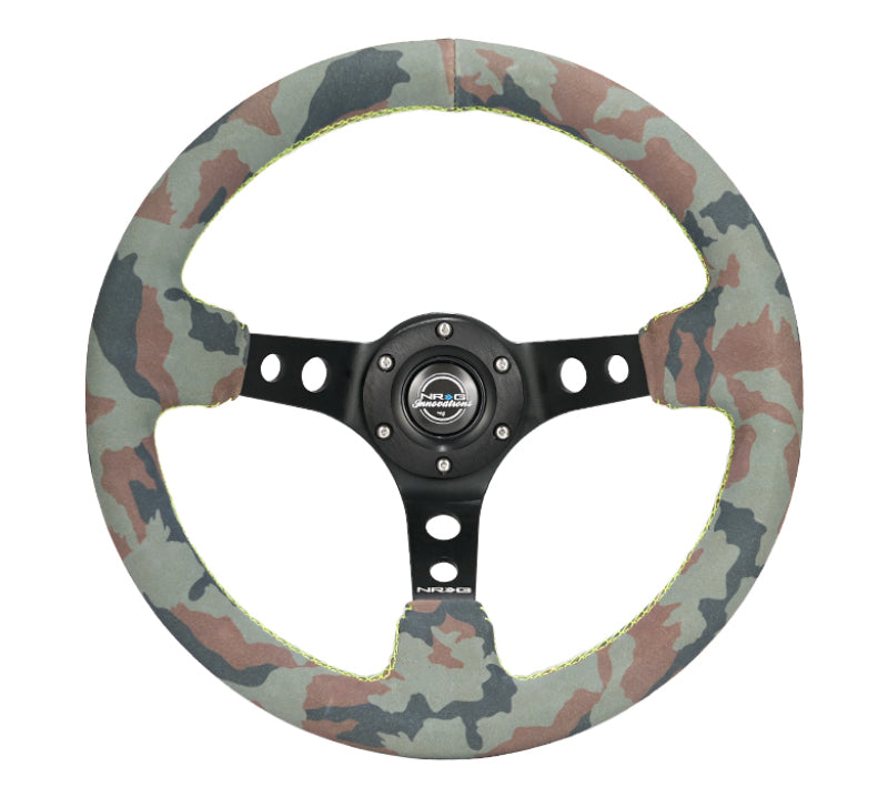NRG Reinforced Steering Wheel (350mm / 3in. Deep) Camo Suede Mark w/ Neon Grn stitching & Black Spoke (RST-006MB-S-CAMO)