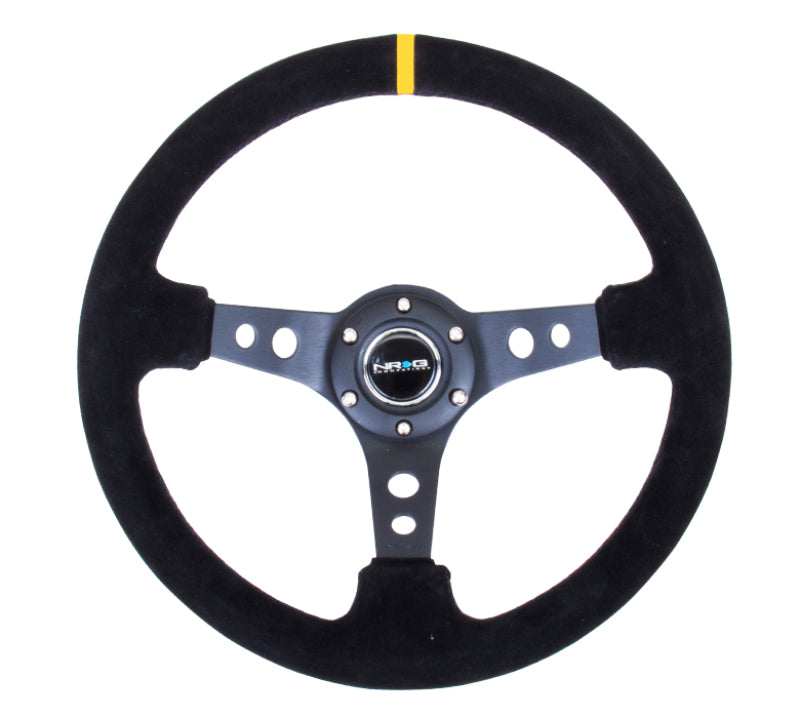 NRG Reinforced Steering Wheel (350mm / 3in. Deep) Black Suede w/ Circle Cut Spokes & Single Yellow CM (RST-006S-Y)