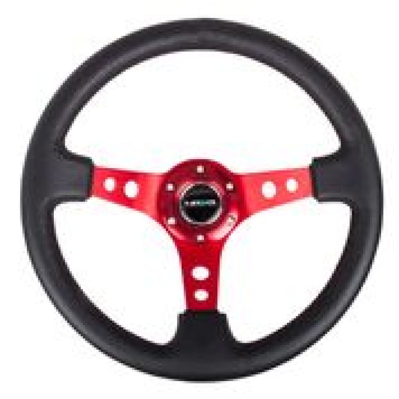 NRG Reinforced Steering Wheel (350mm / 3in. Deep) Black Leather w/ Red Circle Cutout Spokes (RST-006RD)