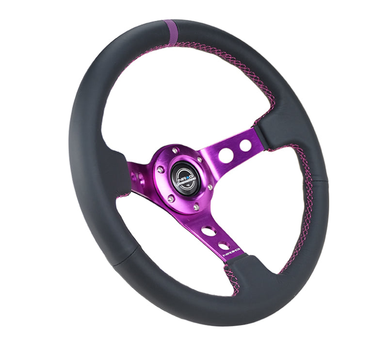 NRG Reinforced Steering Wheel (350mm / 3in. Deep) Black Leather w/ Purple Center & Purple Stitching (RST-006PP) - photo 2