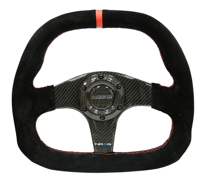 NRG Carbon Fiber Steering Wheel (320mm) Flat Btm. Black Suede/Red Stitch w/ CF Spokes & Red Center Mark (ST-019CF)