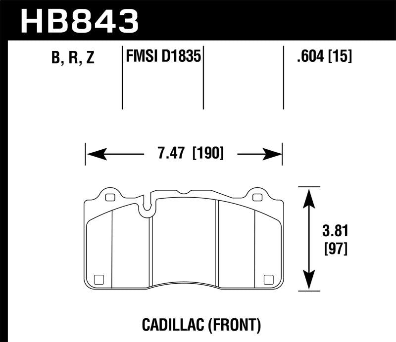 Hawk HPS 5.0 Front Brake Pads - 2018 Chevrolet Camaro ZL1 (HB843B.604) (pad drawing)