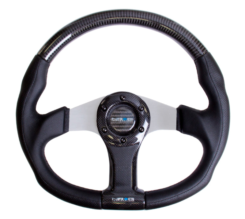 NRG Carbon Fiber Steering Wheel (350mm) Silver Oval Shape w/ Leather Trim (ST-013CFSL)