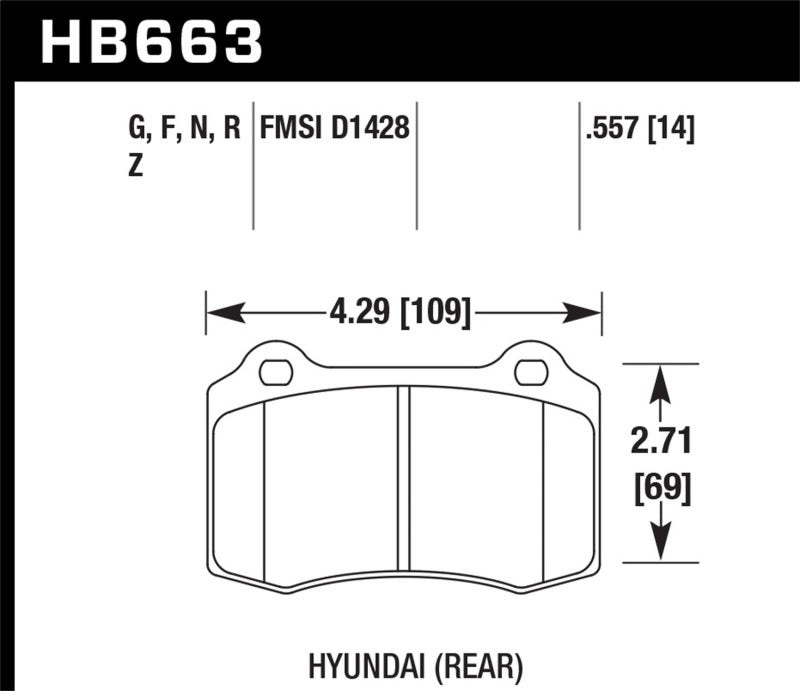 Hawk HP+ Rear Brake Pads - 10 Hyundai Genesis Coupe Track Brakes 14mm (HB663N.557) (pad drawing)