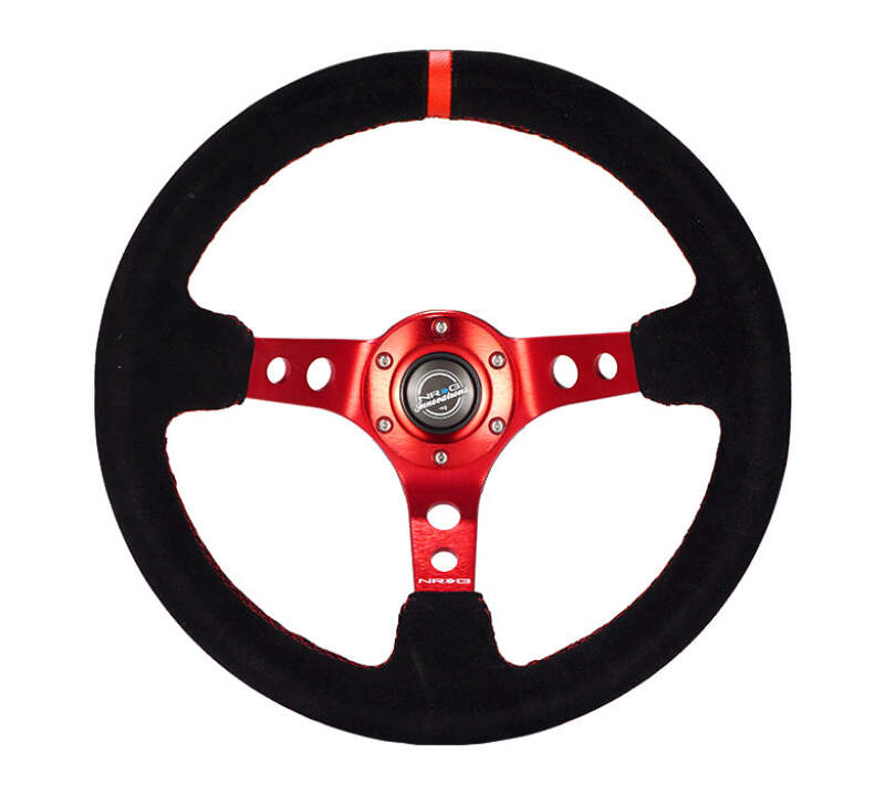 NRG Reinforced Steering Wheel (350mm / 3in. Deep) Black Leather/Red Stitch w/ Red Spoke (RST-006S-RD)