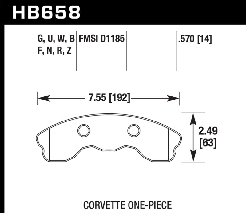 Hawk Performance Ceramic Front Brake Pads - 06-10 Chevrolet Corvette (Improved Pad Design) (HB658Z.570) (pad drawing)