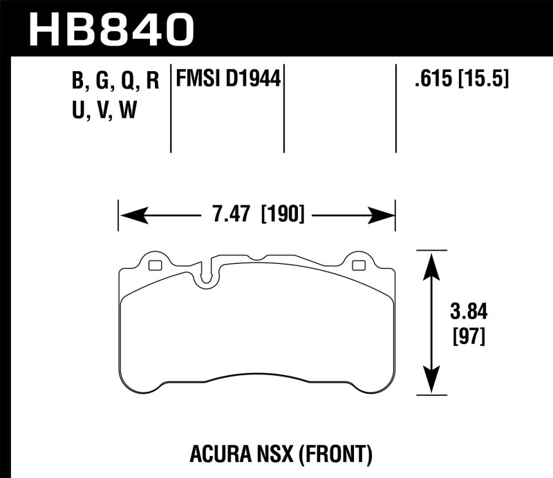 Hawk DTC-60 Front Brake Pads - 2017 Acura NSX (HB840G.615) (pad drawing)
