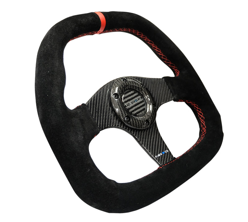 NRG Carbon Fiber Steering Wheel (320mm) Flat Btm. Black Suede/Red Stitch w/ CF Spokes & Red Center Mark (ST-019CF) - photo 2