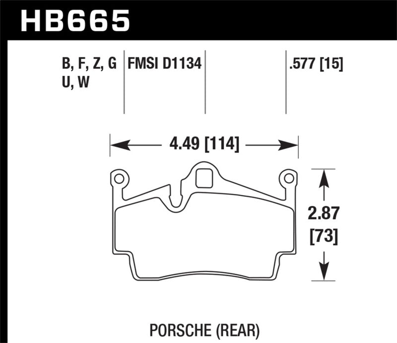 Hawk Performance Ceramic Rear Brake Pads - 2014-2015 Porsche Cayman (HB665Z.577) (pad drawing)