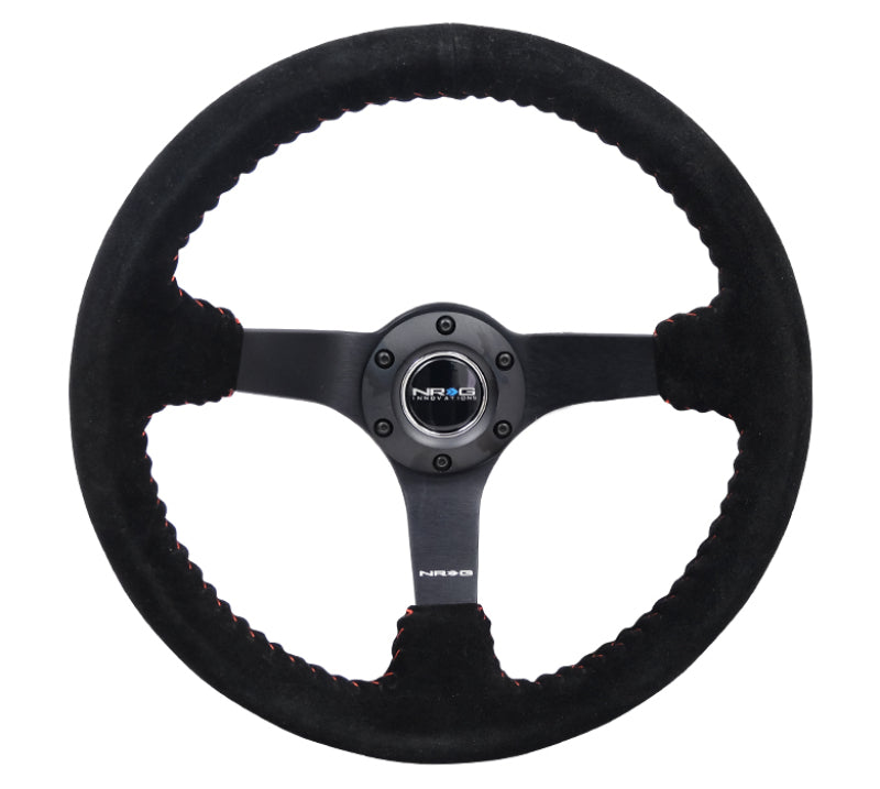 NRG Reinforced Steering Wheel (350mm / 3in. Deep) Black Suede/Red BBall Stitch w/ 5mm Matte Black Spokes (RST-036MB-S-RD)