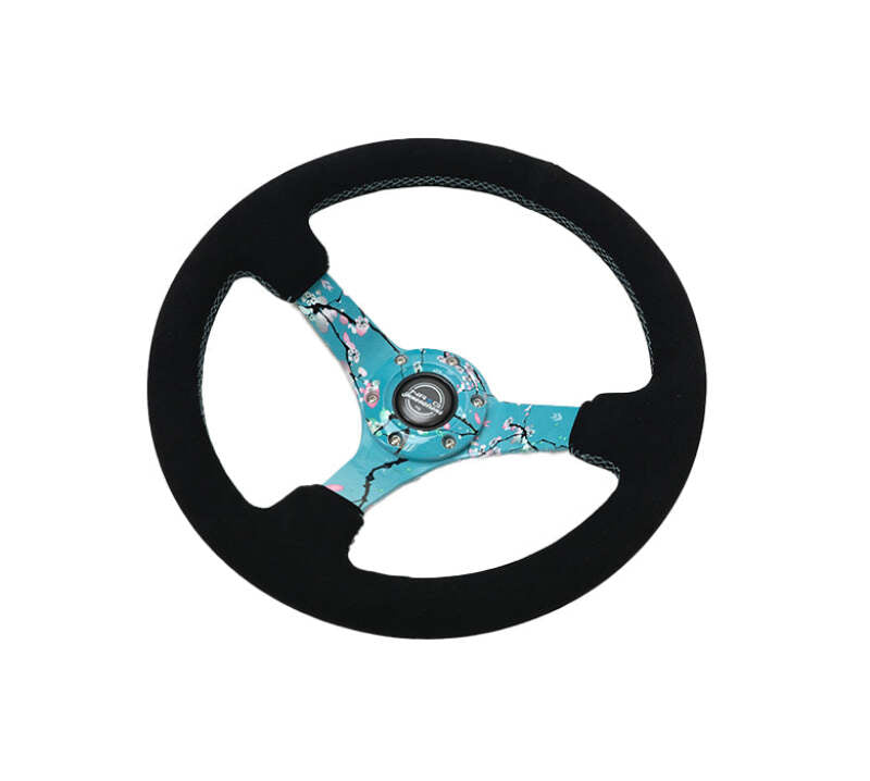 NRG Reinforced Suede Steering Wheel (350mm / 3in. Deep) Hydro Dipped Blossom Floral w/ Teal Stitch (RST-036BLOSSOM-S) - photo 3