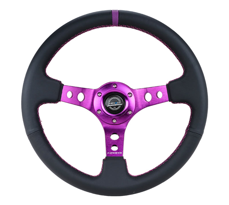 NRG Reinforced Steering Wheel (350mm / 3in. Deep) Black Leather w/ Purple Center & Purple Stitching (RST-006PP)