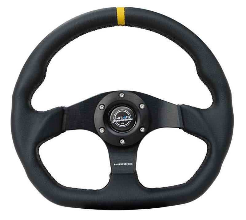NRG Reinforced Steering Wheel (320mm) Sport Leather Dual Push Buttons Flat Bottom w/ Yellow Center (RST-024D-MB-R-Y)