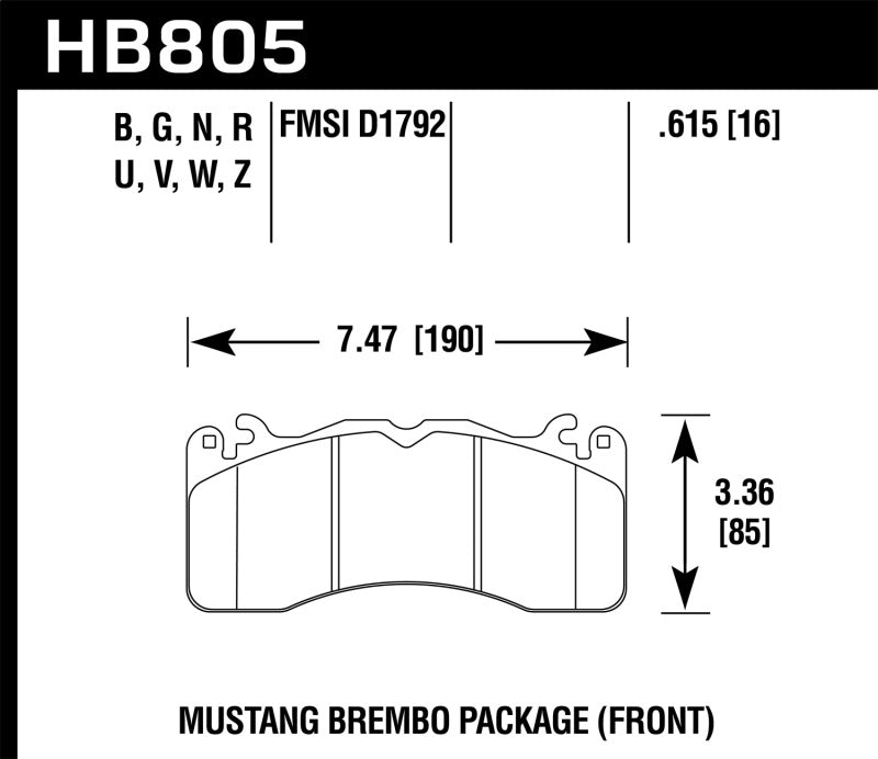 Hawk DTC-60 Front Brake Pads - 15-17 Ford Mustang Package (HB805G.615) (pad drawing)
