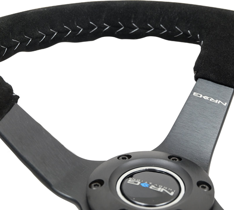 NRG Reinforced Steering Wheel (350mm / 3in. Deep) Black Suede/Silver BBall Stitch w/ 5mm Mt. Black Spokes (RST-036MB-S-SL) - photo 6