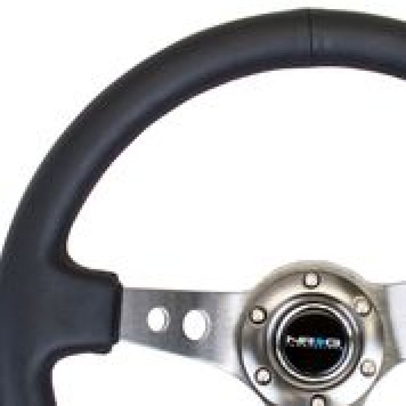 NRG Reinforced Steering Wheel (350mm / 3in. Deep) Black Leather w/ Gunmetal Circle Cutout Spokes (RST-006GM)