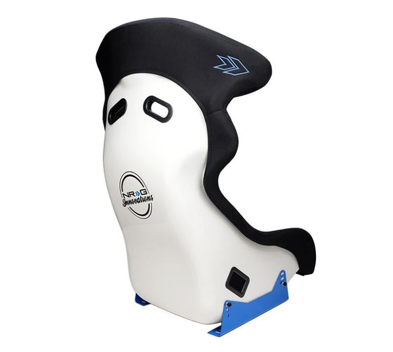 NRG FRP Bucket Seat - White Finish with Arrow Embroidery And Blue Side Mount Bracket (FRP-600WT)