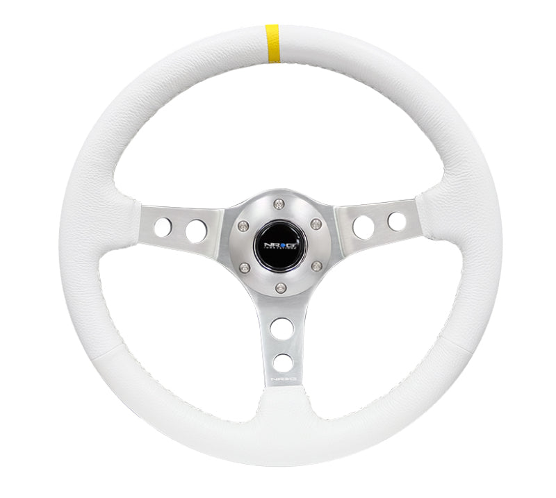 NRG Reinforced Steering Wheel (350mm / 3in. Deep) White Leather w/ Silver Spoke & Single Yellow Mark (RST-006WT-Y)