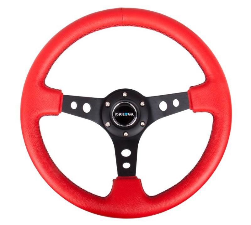 NRG Reinforced Steering Wheel (350mm / 3in. Deep) Red Leather/Black Stitch w/ Black Circle Cutout Spokes (RST-006RR-BS)