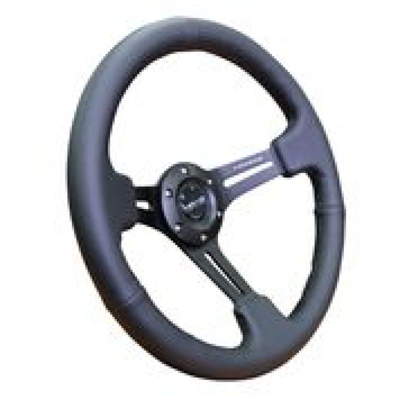 NRG Reinforced Steering Wheel (350mm / 3in. Deep) Black Leather w/ Black Stitching (RST-018R)