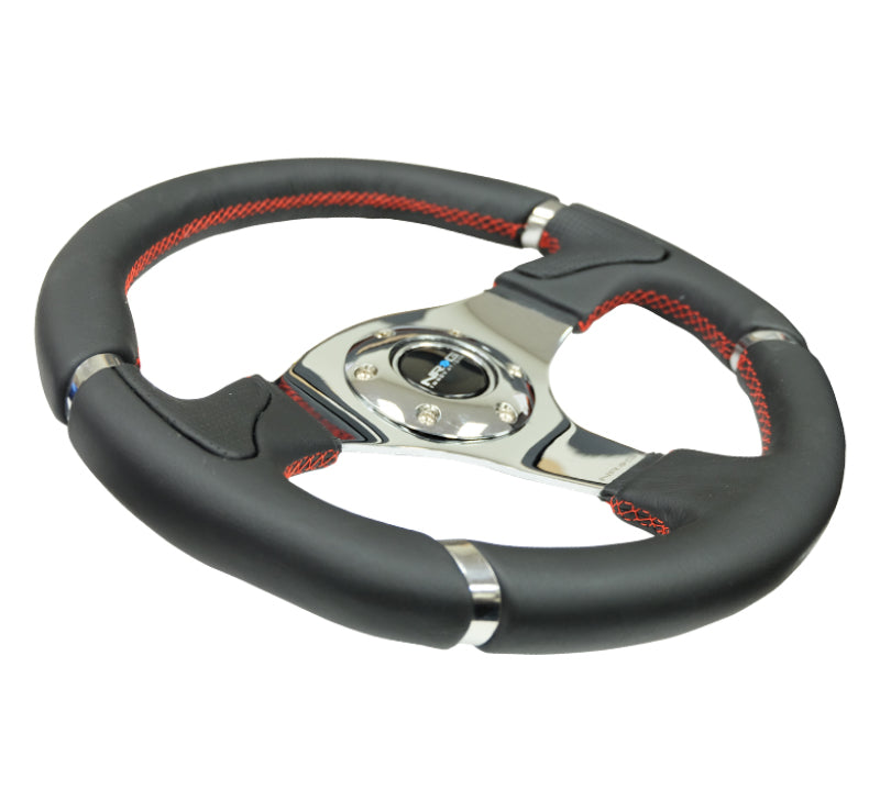 NRG Reinforced Steering Wheel (320mm) Black Leather/Red Stitching w/ Chrome 3-Spoke Center (RST-008R) - photo 4