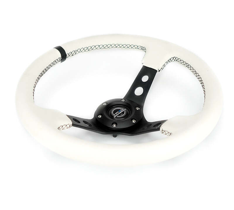 NRG Reinforced Steering Wheel (350mm/3in. Deep) White Leather w/ Black Spoke/Round Holes/White Stripes (RST-006BK-WT-B) - photo 7